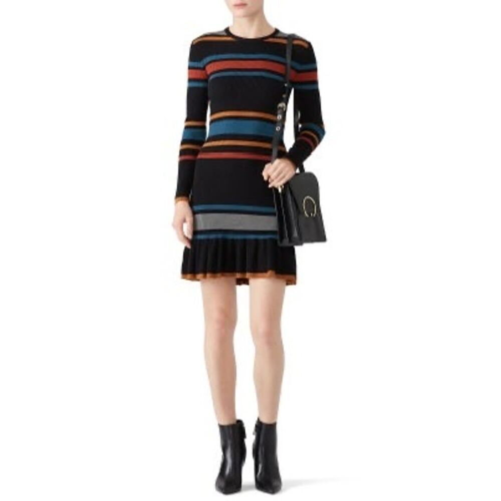 CUPCAKES AND CASHMERE Black Striped Knit Sweater Crew Neck Mini Dress Size M